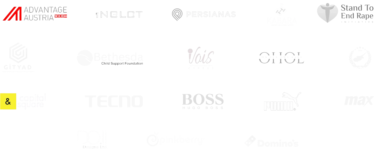 A grid of client logos including Advantage Austria, Inglot, Persianas, Stand To End Rape, Bethesda Child Support Foundation, Vois, Capital Square, Tecno, Hugo Boss, Puma, Max, Domino's and more.
